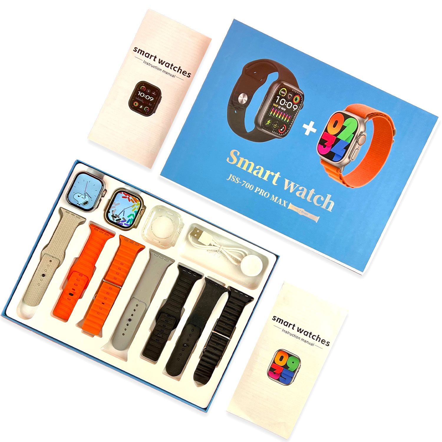 JSS-700 Pro Max Dual Smart Watch With 7 Straps + 1 Silicone Case Bluetooth Call Heart Rate Monitor (Dual Dial BLACK+GOLD) WITH HRYFINE APP