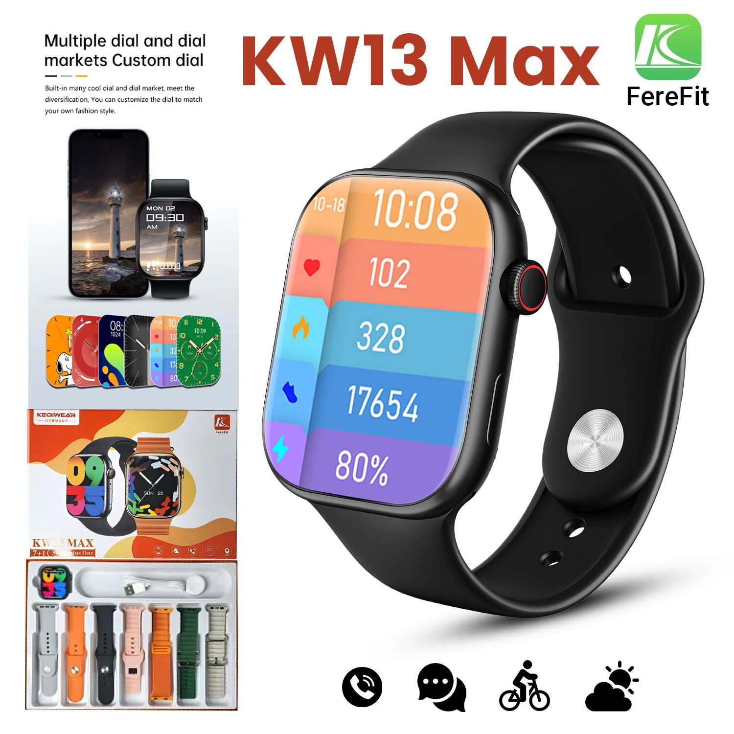 KW13 MAX 2.2 INCH FULL TOUCH SCREEN 7 STRAPS BT CALLING COMPATIBLE SYSTEM ANDROID 5.0 OR IOS9.0 WITH FERE FIT APP