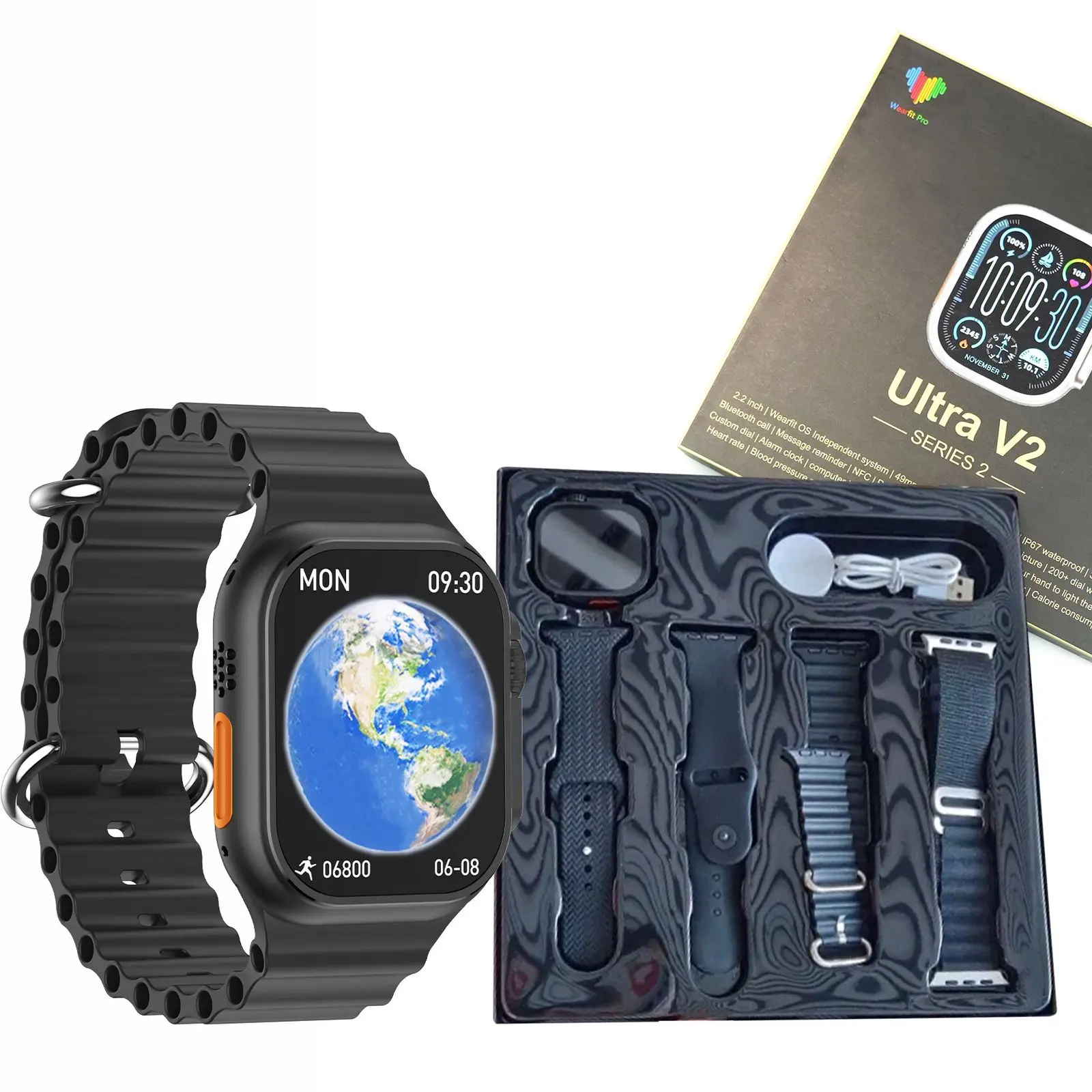 ULTRA V2 NEW FASHION 2.2 LARGE SCREEN WITH 4 STRAPS SMART WATCH WITH WearFit Pro APP (Black & Orange) - Image 2